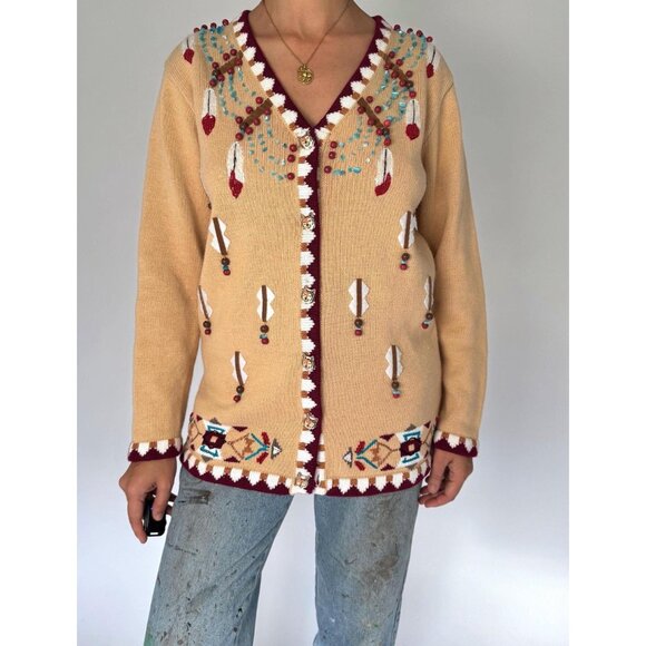 90s vintage novelty wolf animal embroidered button up cardigan knit sweater - Picture 3 of 11